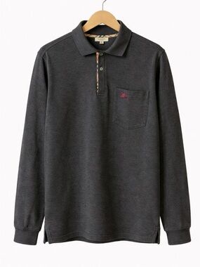 Burberry London Long Sleeve Polo Shirt – Dark Grey Nova Check Trim – Size S